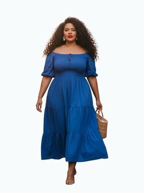 Dani Marie Blue Rayon Smocked Waist Maxi Peasant Dress Size 24 Boho Tiered